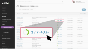 The All document requests page in Xello. The cursor is clicking on a student's progress wheel marked as 3/7 (43%) completed